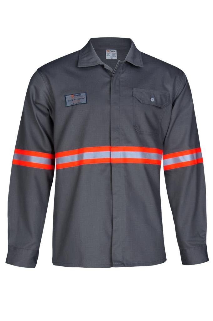 Camisa antichama cinza do Uniforme NR10 com faixas refletivas laranja